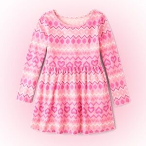 Pink Heart Patterned Long Sleeve Dress